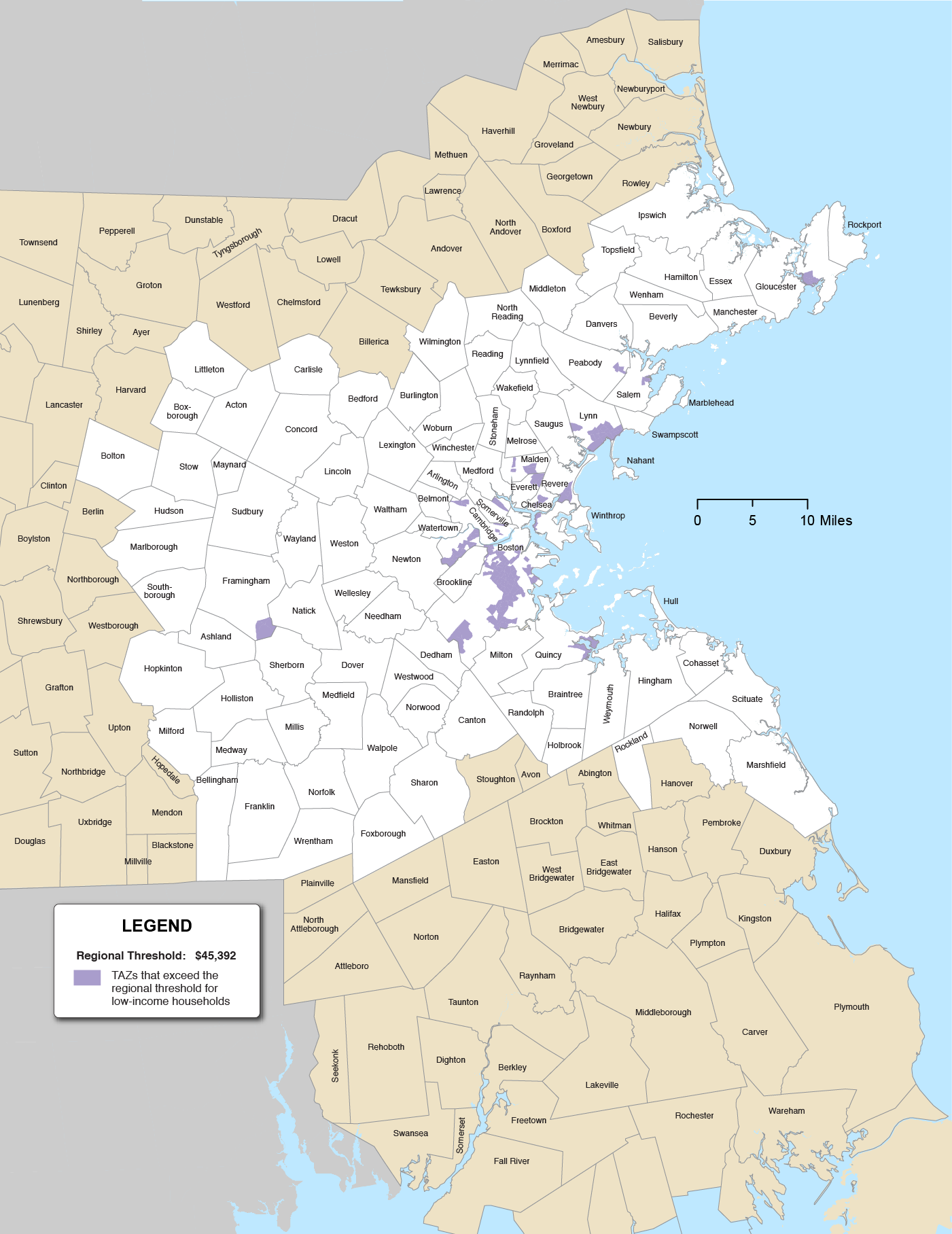 Figure 8-2 is a map of the Boston Region municipalities and the TAZs that exceed the regional threshold for the low-income households highlighted in purple. The Regional Threshold is $45,392.